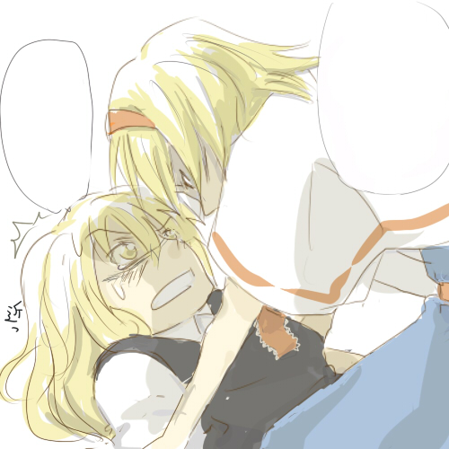 alice_margatroid, bad_id, blonde_hair, capelet, dress, hairband, jingo_kajiki, kirisame_marisa
