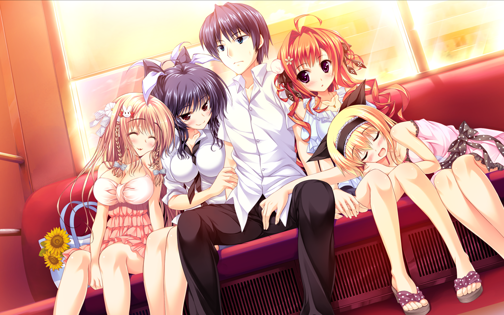 4girls, :d, ^_^, ahoge, amahara_miyabi, ariko_youichi, arm_holding, bag, blonde_hair, blue_hair, bow, braid, breasts, casual, cleavage, closed_eyes, dress_shirt, eyes_closed, flower, game_cg, girl_sandwich, hair_intakes, hair_ornament, hair_ribbon, hairband, hand_holding, harem, holding_hands, inuzumi_masaki, jewelry, multiple_girls, narugasaki_kanna, necklace, open_mouth, orange_hair, ore_no_kanojo_no_uraomote, polka_dot, purse, ribbon, shirt, smile, sunflower, tateha_(artist), tomiya_nazuki, twin_braids, uesugi_akeno, window