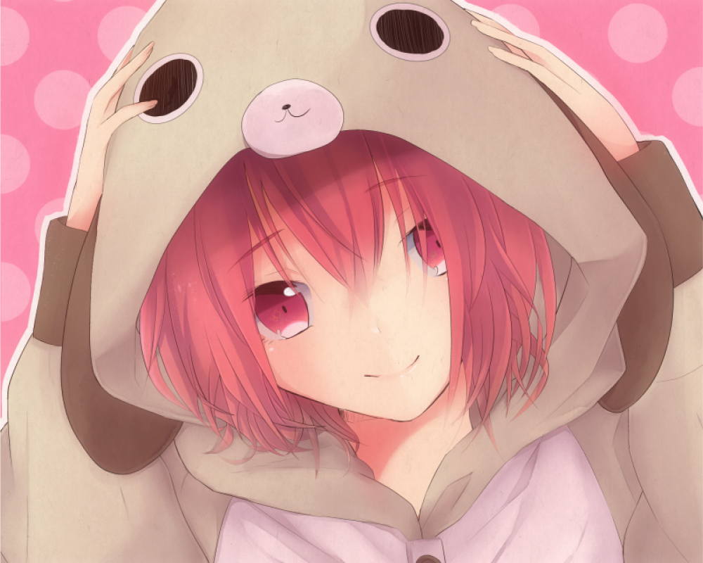 akaza_akari, animal_costume, bad_id, dog_costume, hands_on_head, mikihappy77, red_eyes, red_hair