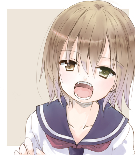 brown_eyes, brown_hair, green_eyes, heterochromia, nonaka_yuu, open_mouth, original, simple_background