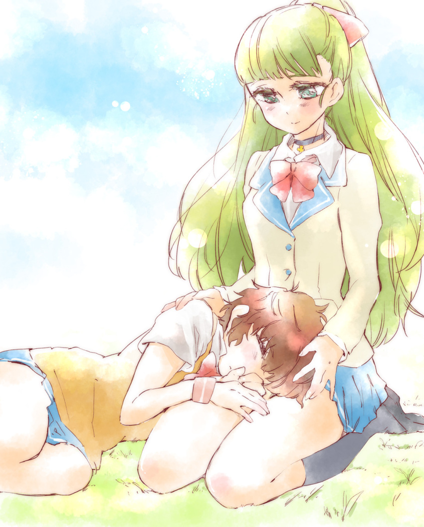 blush, bow, brown_hair, choker, closed_eyes, green_eyes, green_hair, hair_bow, highres, jenny_dolittle, lap_pillow, long_hair, lynn_lambretta, miniskirt_pirates, multiple_girls, mutou_mato, mutual_yuri, outdoors, school_uniform, short_hair, short_skirt, short_sleeves, skirt, sky, sleeping, socks, sweater_vest, uniform, wide_ponytail, wristband, yuri