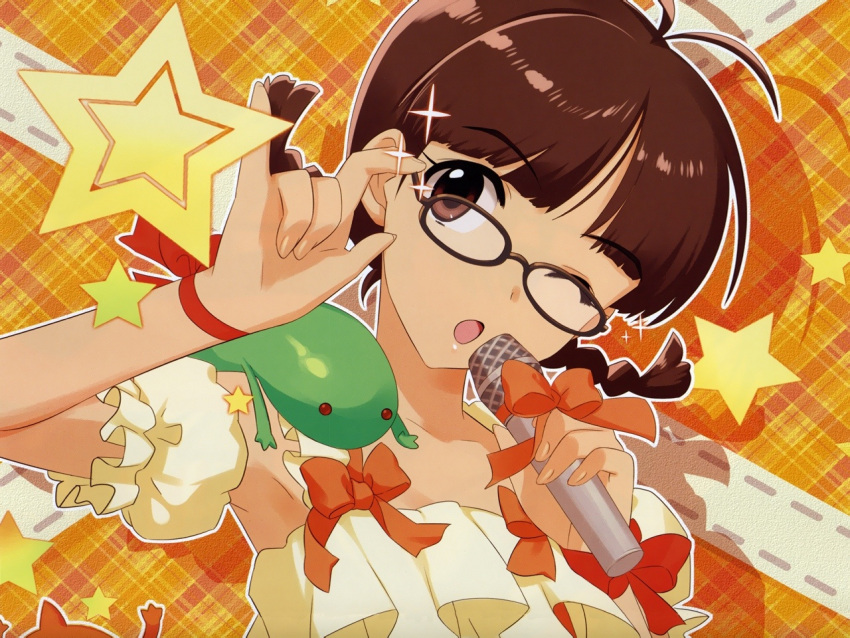 :o, ai-kun, akizuki_ritsuko, annindoufu_(oicon), armpits, braid, brown_eyes, brown_hair