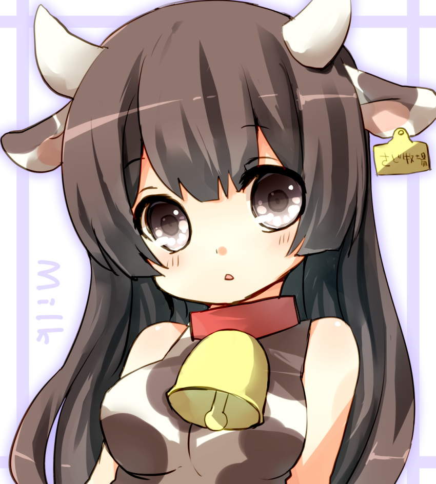 animal_ears, bad_id, bell, bell_collar, brown_eyes, brown_hair, collar, cow_ears