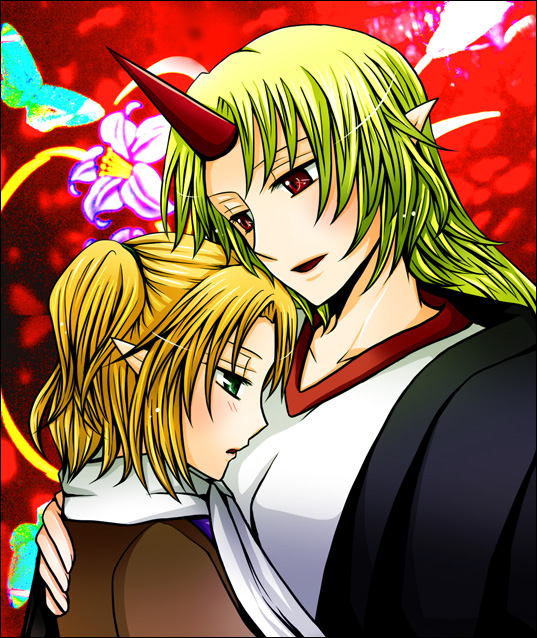 blonde_hair, flower, green_eyes, horn, hoshiguma_yuugi, jacket_on_shoulders, mizuhashi_parsee, multiple_girls, open_mouth, paco_(eien_mikan), pointy_ears, ponytail, red_background, red_eyes, scarf, short_hair, touhou, yuri