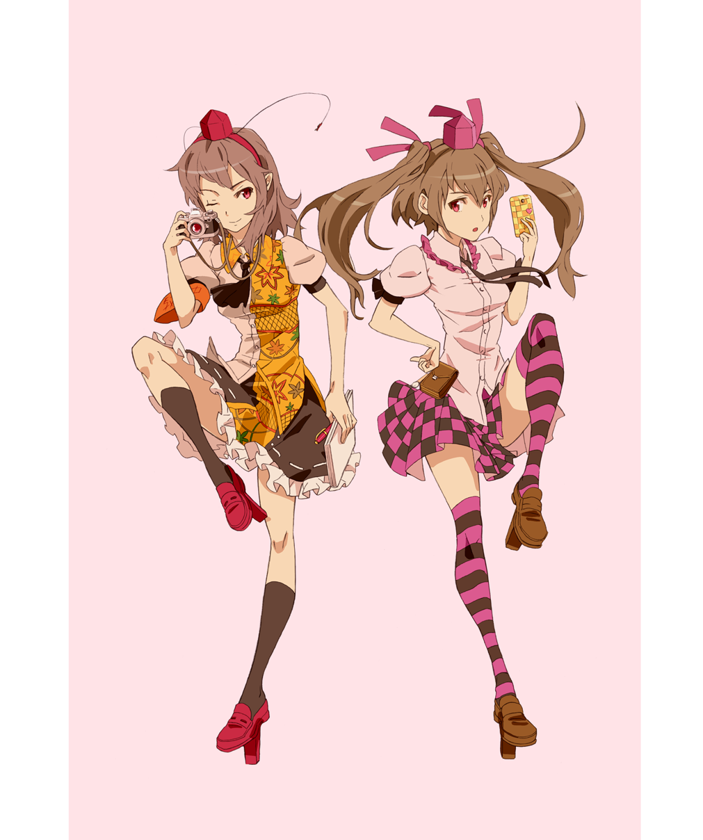 brown_hair, camera, cellphone, checkered, checkered_skirt, geta, hasegawa, hasegawa_keita