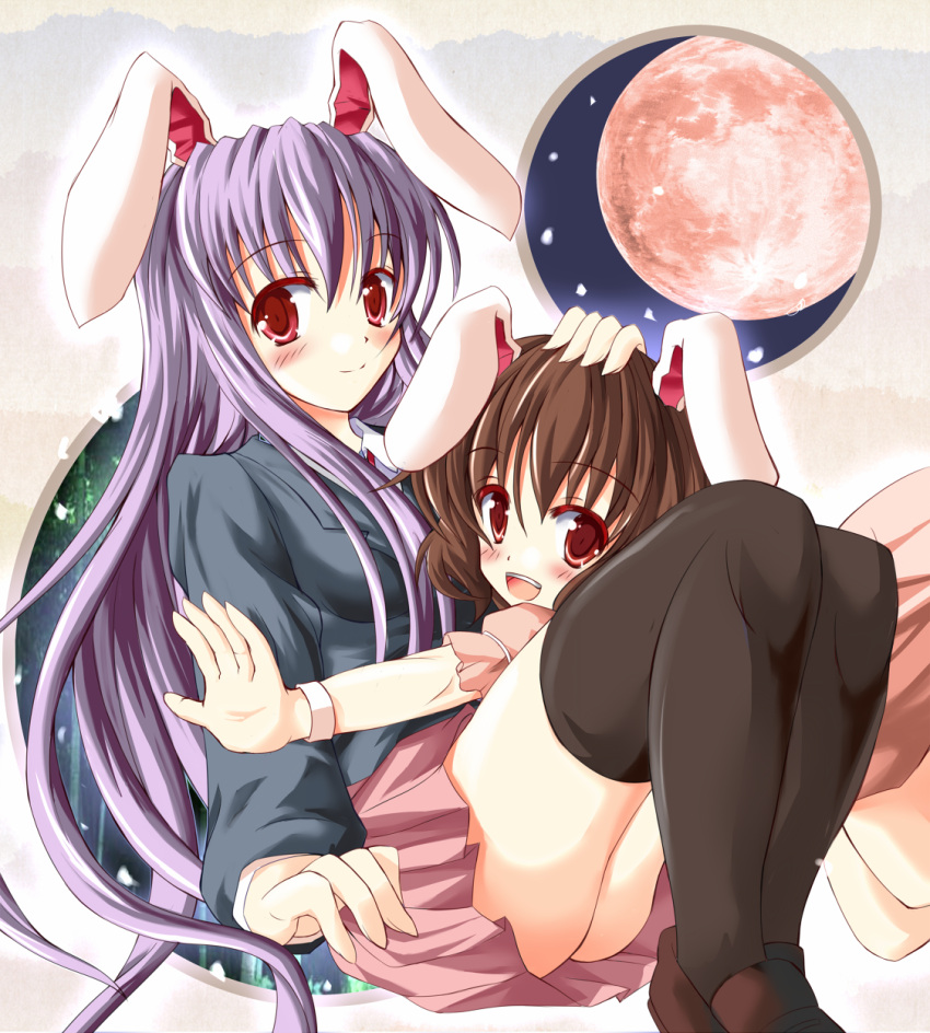 animal_ears, ass, black_legwear, blush, brown_hair, bunny_ears, dress, full_moon