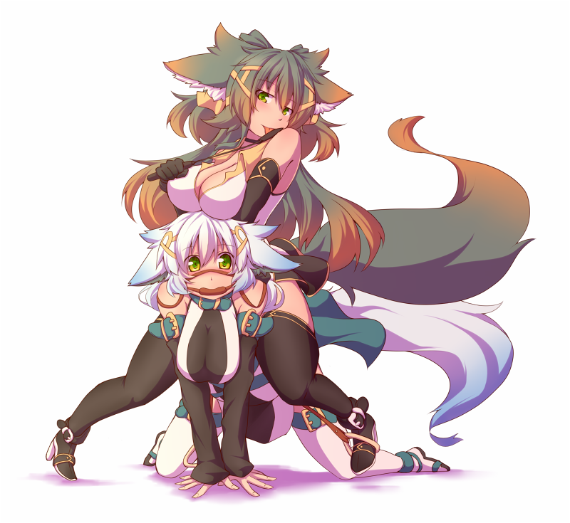 animal_ears, black_hair, black_legwear, breasts, gag, gagged, green_eyes, kuromiya