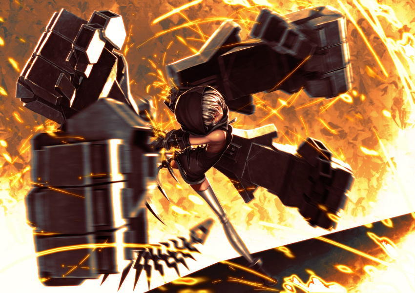 black_rock_shooter, highres, hood, hoodie, kio_naoki, motion_blur, red_eyes, short_hair