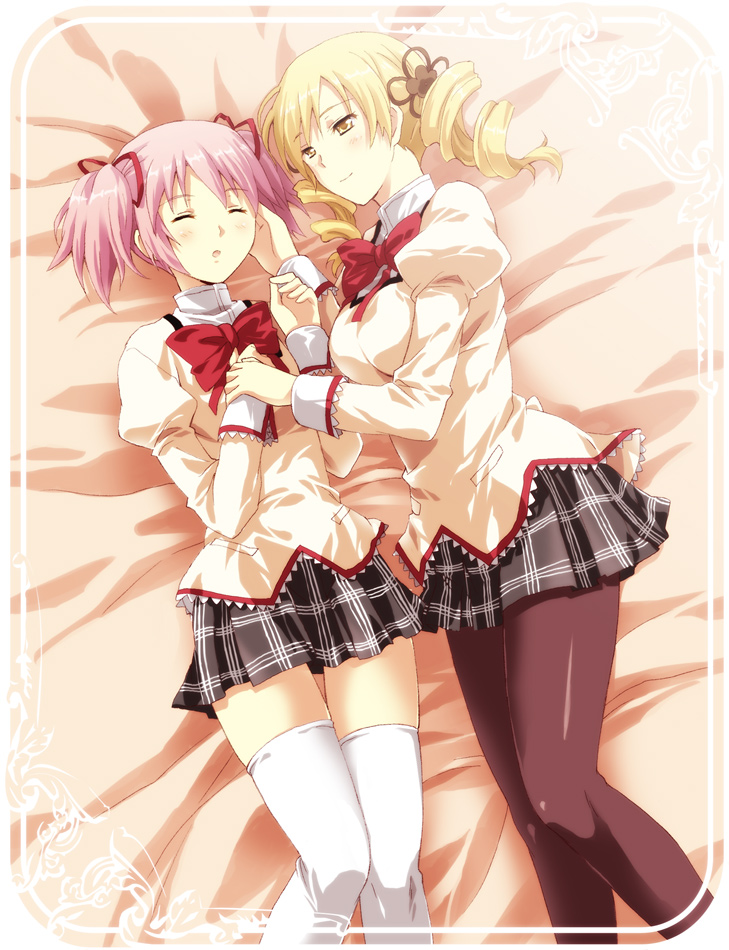 blonde_hair, border, breasts, closed_eyes, drill_hair, eyes_closed, hair_ornament, hair_ribbon