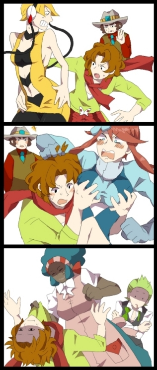 aloe_(pokemon), angry, arty_(pokemon), blush, breasts, comic, dent_(pokemon), fuuro_(pokemon), gym_leader, hair_ornament, hat, headphones, kamitsure_(pokemon), pokemon, pokemon_(game), pokemon_bw, scarf, surprised, tokiwako, yacon_(pokemon)