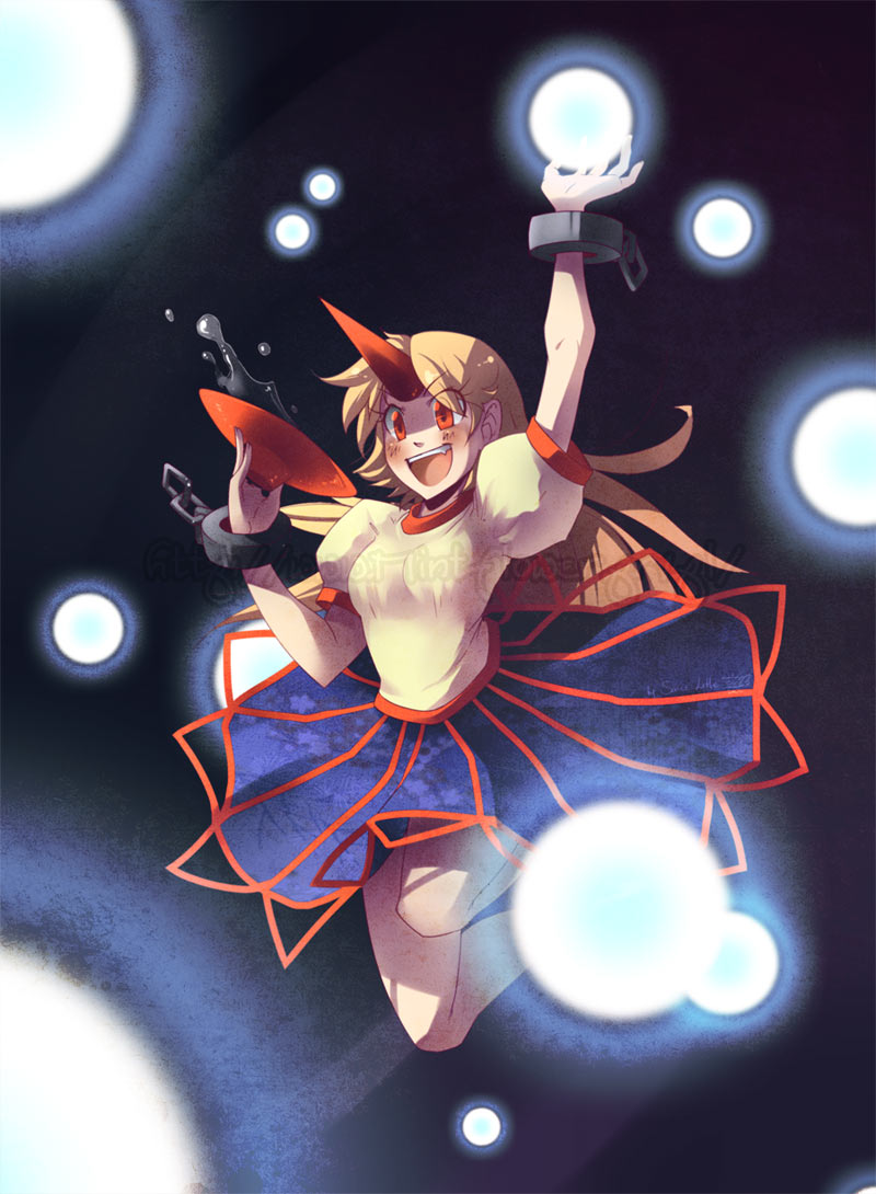 :d, arm_up, blonde_hair, chain, cuffs, danmaku, horn, hoshiguma_yuugi