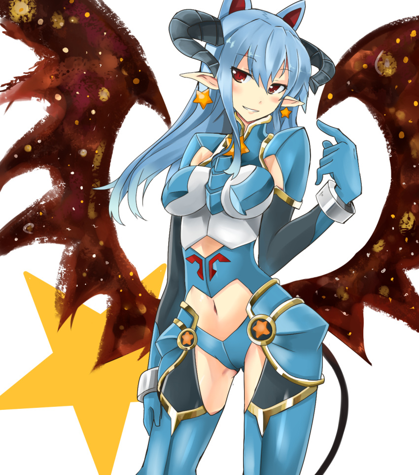 animal_ears, blue_hair, earrings, extra_ears, gloves, haik, highres, horns, jewelry, long_hair, low_wings, navel, navel_cutout, red_eyes, shinrabanshou, solo, star, wings, yoru_maou_belpheria