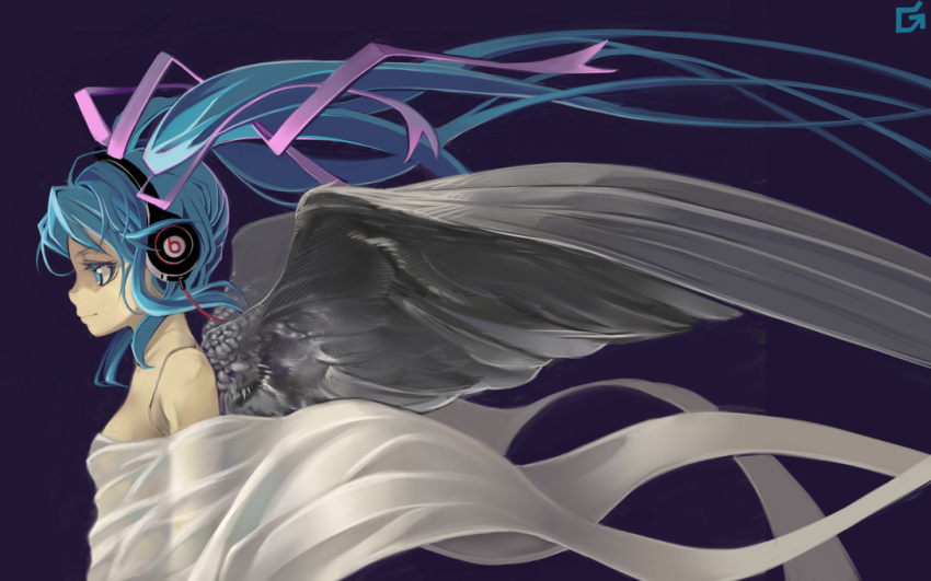 angel_wings, aqua_eyes, aqua_hair, bad_id, hair_ribbon, hatsune_miku, headphones, jaian