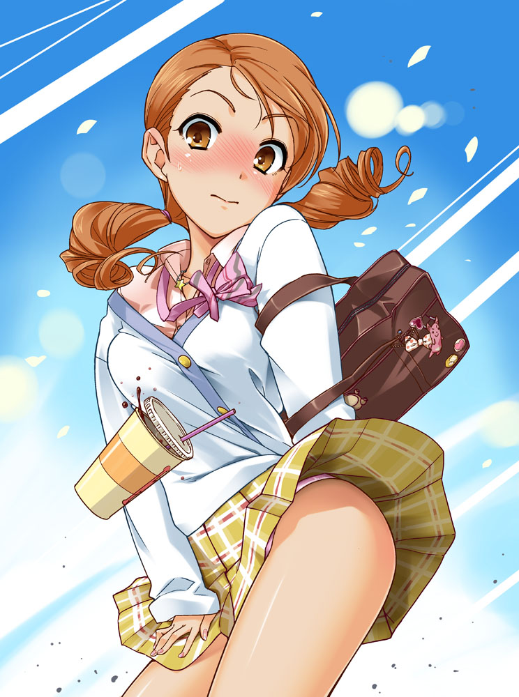 bag, blush, brown_eyes, cardigan, drink, houjou_karen, idolmaster, idolmaster_cinderella_girls, long_hair, orange_hair, plaid, plaid_skirt, school_bag, school_uniform, skirt, solo, t-hiko, twintails, wind_lift