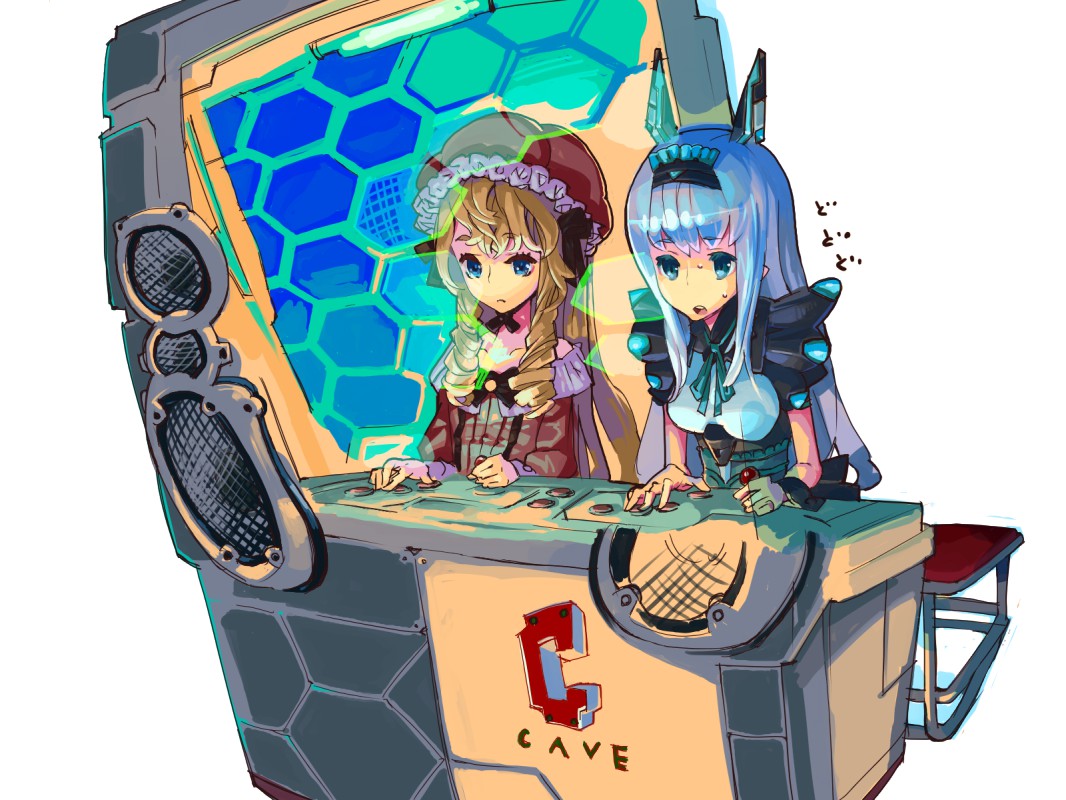 arcade, blonde_hair, blue_eyes, blue_hair, cave, cave_(developer), character_request, copyright_request