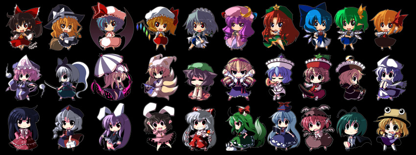 :3, absurdres, alice_margatroid, angry, animal_ears, annoyed, antenna, antennae, barefoot, bat_wings, black_hair, blazer, blonde_hair, blue_eyes, blue_hair, blush, book, bow, braid, broom, brown_eyes, brown_hair, bunny_ears, cape, cat_ears, cat_tail, chen, chibi, china_dress, chinese_clothes, cirno, closed_eyes, crazy_developers, daiyousei, detached_sleeves, doll, dress, earrings, elbow_gloves, everyone, ex-keine, eyes, fang, fire, flandre_scarlet, fox_ears, fox_tail, frog, frown, fujiwara_no_mokou, gap, ghost, gloves, green_eyes, green_hair, hair_bow, hair_ribbon, hairband, hakurei_reimu, hat, highres, hong_meiling, horns, houraisan_kaguya, inaba_tewi, instrument, izayoi_sakuya, japanese_clothes, jewelry, kamishirasawa_keine, katana, keyboard, keyboard_(instrument), kimono, kirisame_marisa, knife, konpaku_youmu, letty_whiterock, long_hair, long_image, lunasa_prismriver, lyrica_prismriver, maid, merlin_prismriver, miko, moriya_suwako, multiple_girls, multiple_tails, mystia_lorelei, necktie, open_mouth, pantyhose, patchouli_knowledge, pink_hair, pleated_skirt, ponytail, purple_eyes, purple_hair, rabbit_ears, red_eyes, red_hair, redhead, reisen_udongein_inaba, remilia_scarlet, ribbon, rumia, saigyouji_yuyuko, scarf, shanghai, shanghai_doll, short_hair, siblings, side_ponytail, silver_hair, sisters, sitting, skirt, smile, socks, suspenders, sword, tail, thigh-highs, thighhighs, touhou, trumpet, twin_braids, umbrella, vampire, very_long_hair, violet_eyes, violin, weapon, white_hair, wide_image, wings, witch, witch_hat, wriggle_nightbug, yagokoro_eirin, yakumo_ran, yakumo_yukari, yellow_eyes
