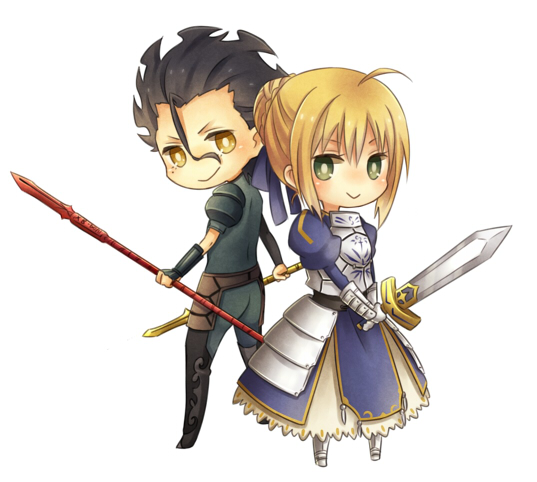 1girl, ahoge, anz41oanz, aogi_(anz), armor, armored_dress, black_hair, blonde_hair, chibi, dress, excalibur, fate/zero, fate_(series), gae_buidhe, gae_dearg, gauntlets, green_eyes, hair_ribbon, lancer_(fate/zero), polearm, ribbon, saber, spear, sword, weapon, yellow_eyes