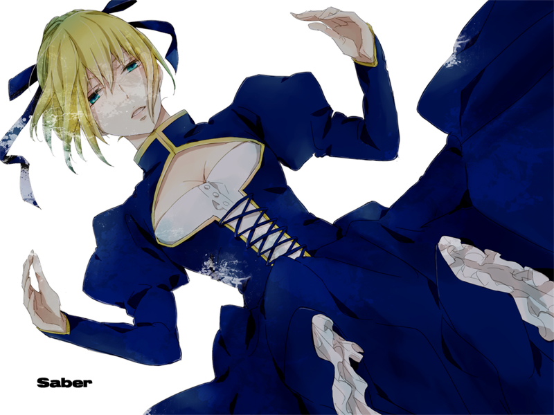 ahoge, blonde_hair, dress, fate/zero, fate_(series), green_eyes, hair_ribbon, juliet_sleeves