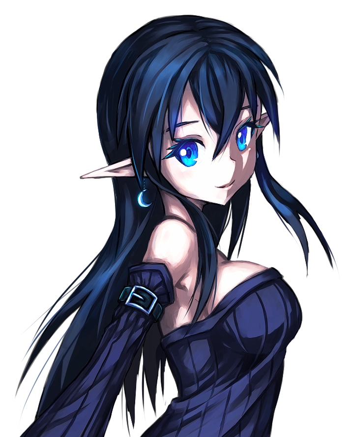 bare_shoulders, blue_eyes, blue_hair, breasts, detached_sleeves, earrings, jewelry, long_hair, original, pointy_ears, samael_(5211), smile, solo