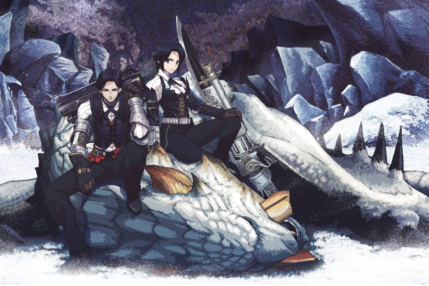 1girl, barioth, bnahabra_(armor), gun, gunlance, highres, monster_hunter, monster_hunter_3