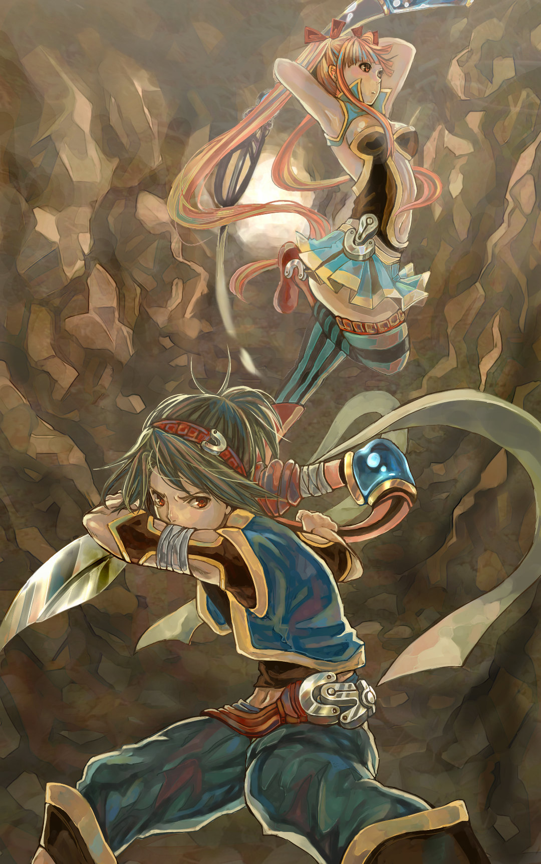 1girl, armpits, bow, breasts, brown_hair, hair_bow, highres, leg_up, long_hair, navel, original, pink_eyes, pink_hair, ponytail, red_eyes, skirt, striped, striped_legwear, sweetwitch, sword, thigh-highs, thighhighs, twintails, very_long_hair, vest, weapon
