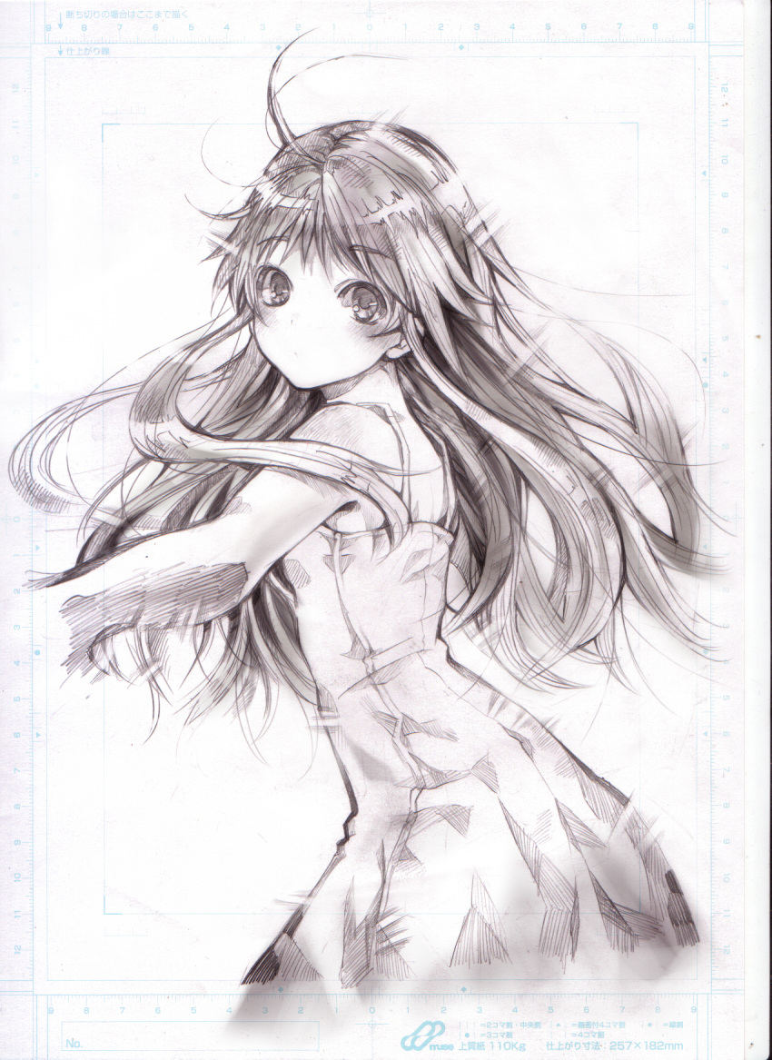 ahoge, blush, dress, graphite_(medium), highres, index, long_hair, looking_back