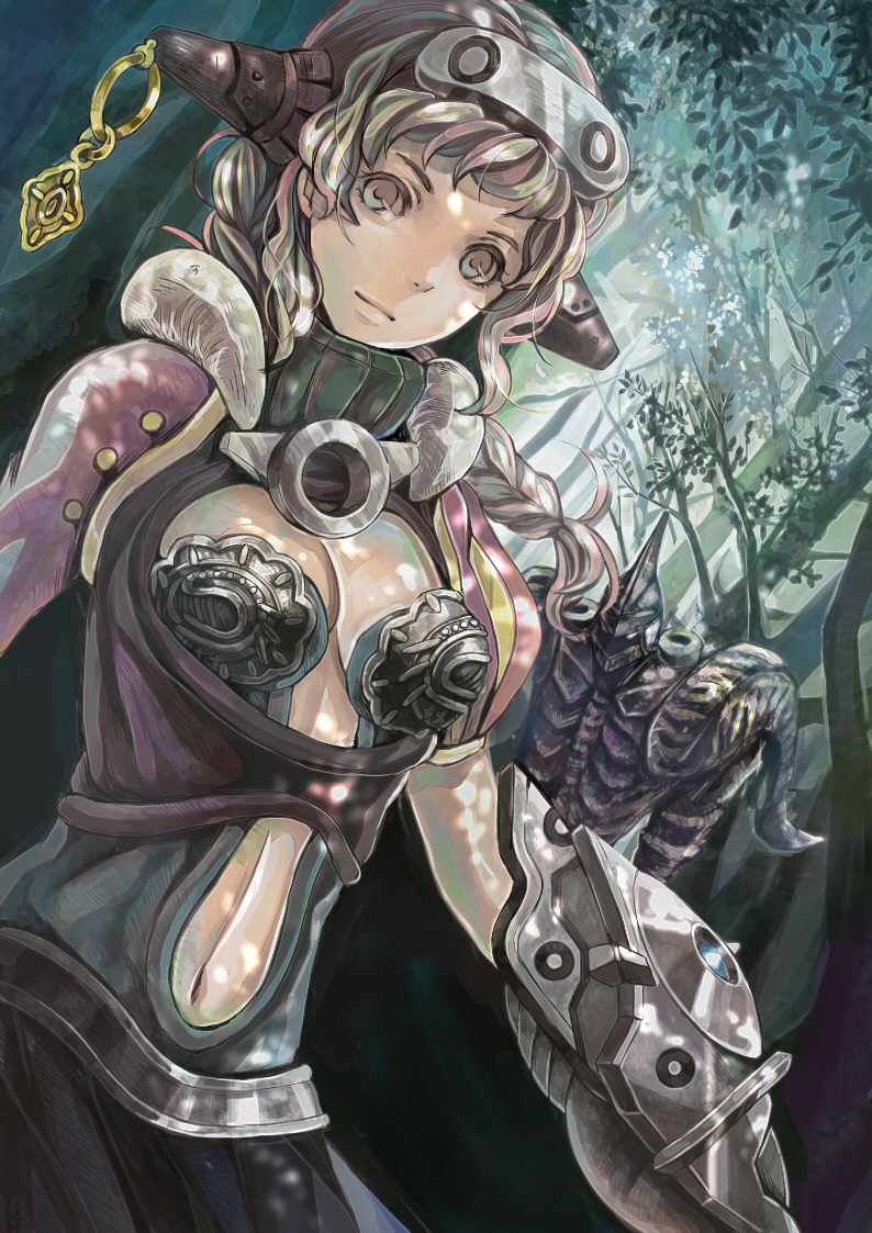 armor, braid, breasts, center_opening, cleavage, long_hair, navel, original, smile, solo, sweetwitch, twin_braids
