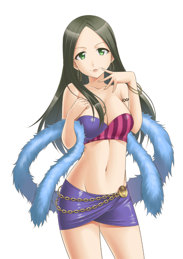 bare_shoulders, belt, black_hair, bracelet, breasts, cleavage, earrings, feather_boa