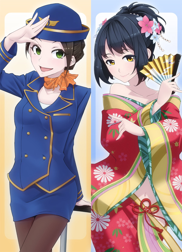 :d, bad_id, bare_shoulders, black_hair, brown_hair, fan, flight_attendant, flower