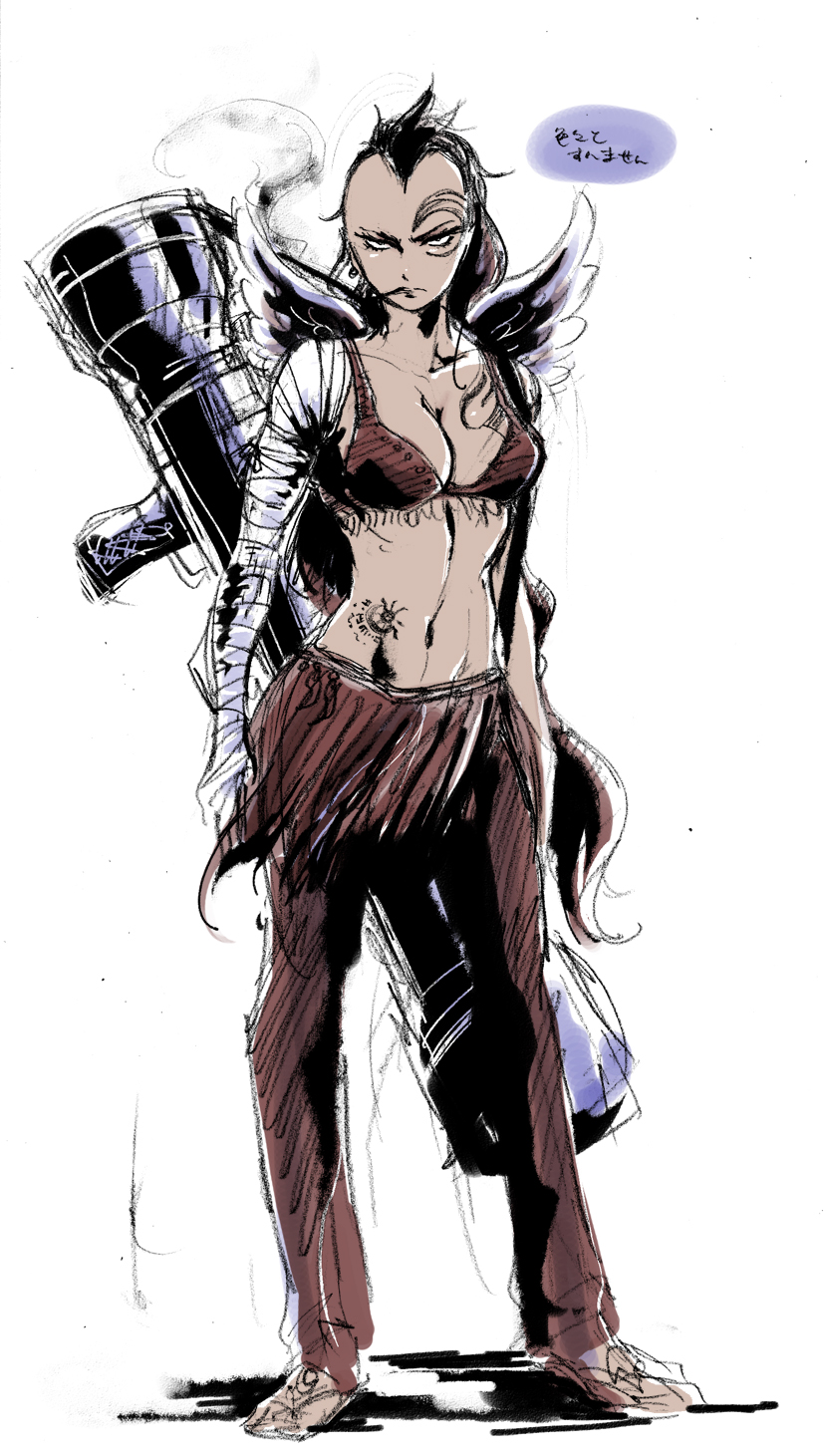 bandage, bandages, bikini_top, black_eyes, black_hair, breasts, cannon, cigarette, cleavage, dark_skin, genderswap, highres, kepe, long_hair, looking_at_viewer, midriff, mohawk, muscle, navel, one_piece, pants, ponytail, sandals, sketch, smoking, solo, standing, tattoo, translation_request, very_long_hair, wings, wiper