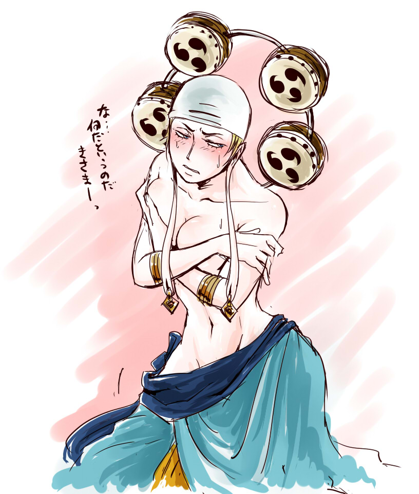 bandana, bandanna, bare_shoulders, blonde_hair, blue_eyes, blush, bracelet, breast_hold, breasts, crossed_arms, earrings, enel, genderswap, hips, jewelry, kepe, mitsudomoe_(shape), navel, one_piece, short_hair, sweatdrop, tomoe_(symbol), topless, translated