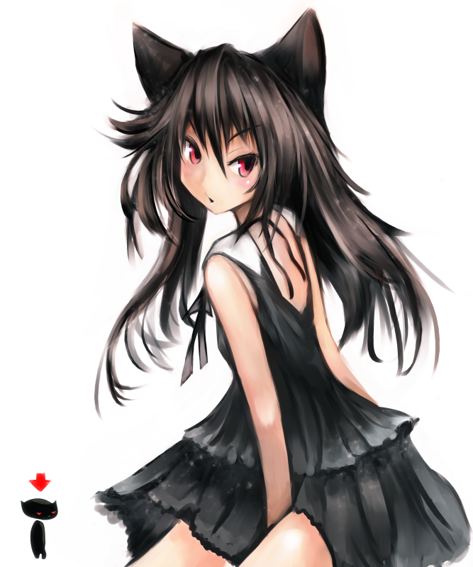 animal_ears, bare_shoulders, black_dress, black_hair, cyl, directional_arrow, dot_heit, dress
