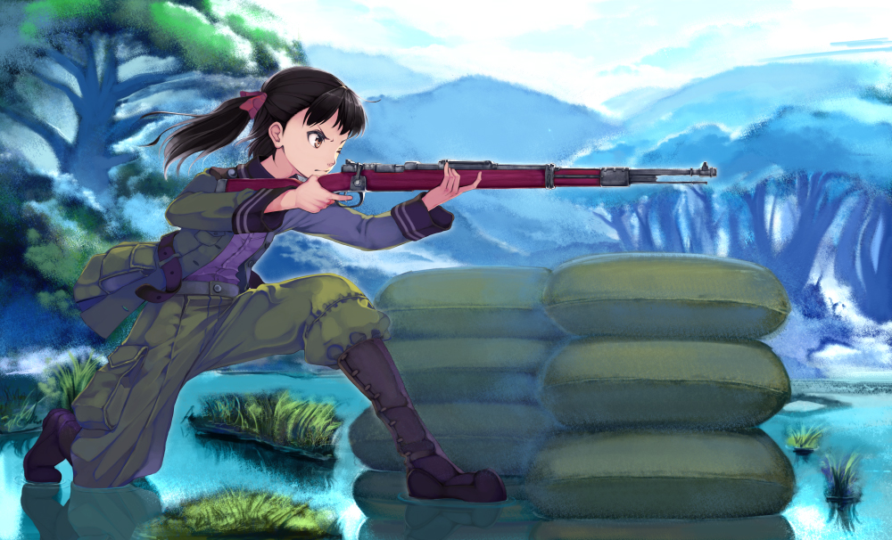 boots, bow, gun, hair_bow, kurokurokuro, military, military_uniform, nature