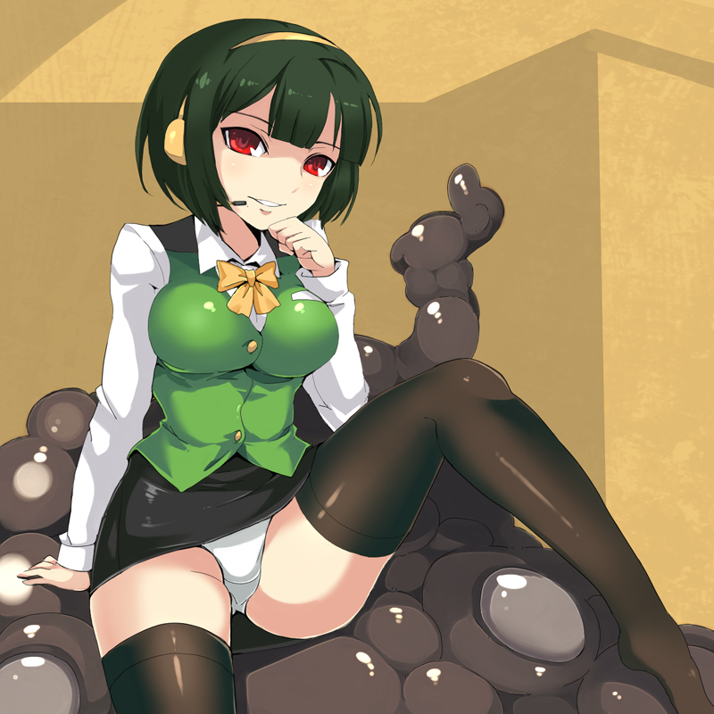 breasts, green_hair, idolmaster, looking_at_viewer, monster, mozu_taiya, otonashi_kotori, panties, red_eyes, short_hair, sitting, skirt, slime, smile, solo, thigh-highs, thighhighs, underwear, white_panties