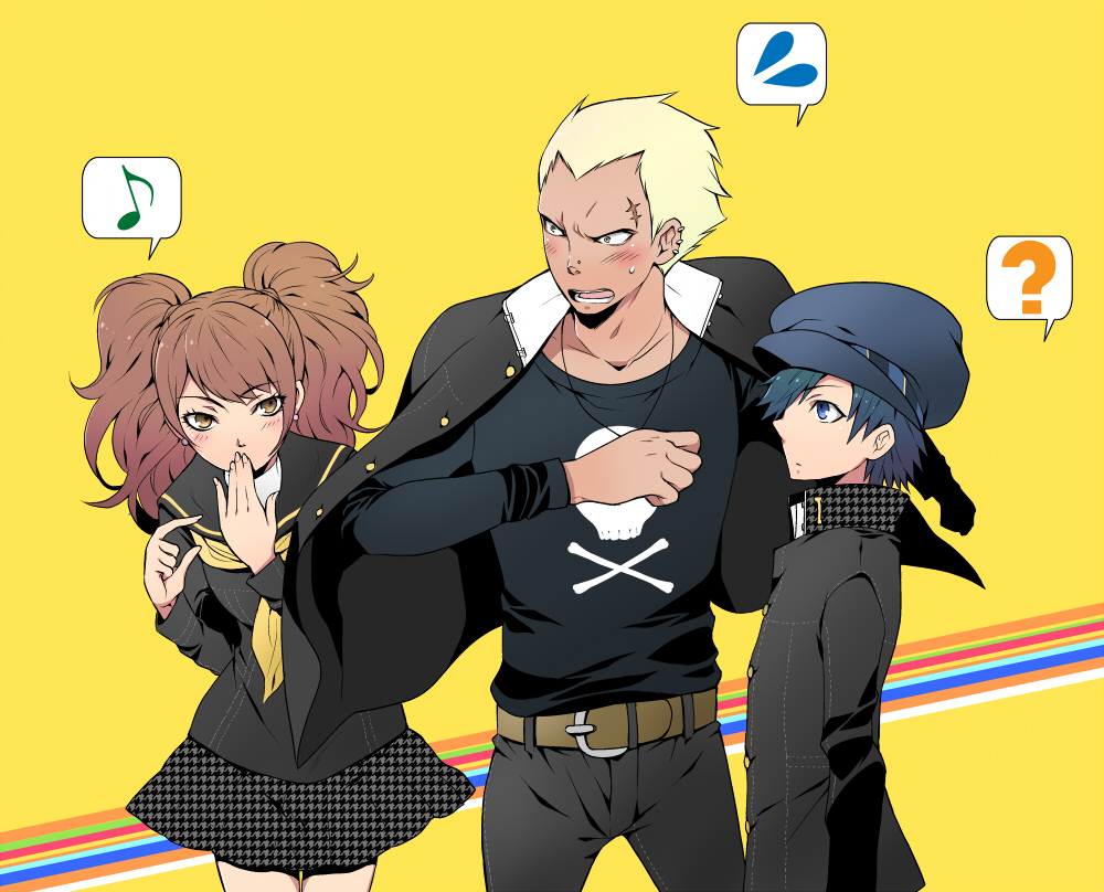 2girls, ?, androgynous, angry, belt, blonde_hair, blue_eyes, blue_hair