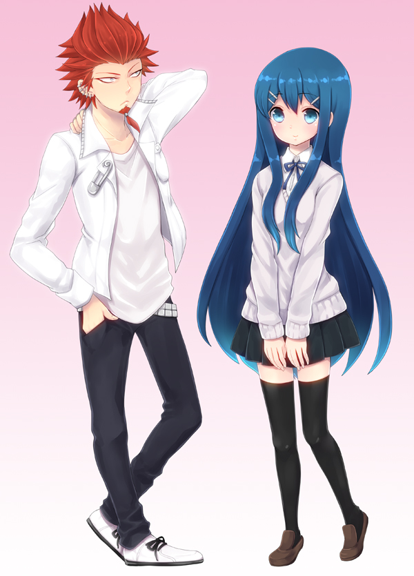 1boy, 1girl, black_legwear, blue_eyes, blue_hair, character_request, dangan-ronpa, dangan_ronpa