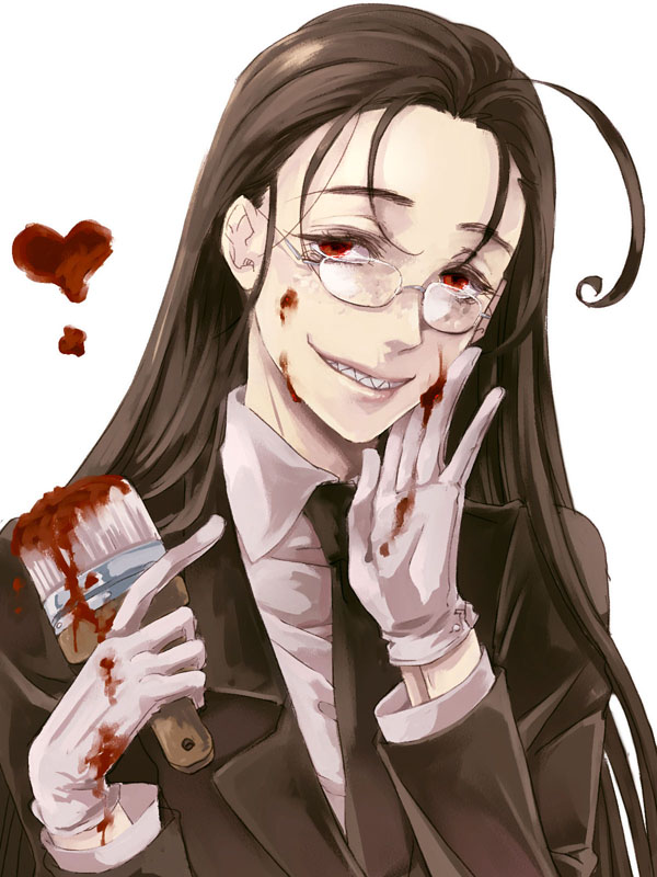 ahoge, black_hair, blood, blood_on_face, bloody_clothes, formal, freckles, glasses