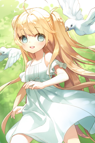 ahoge, bare_shoulders, bird, blonde_hair, blue_eyes, dove, dress, flying, frills, green_eyes, helena_k_sink, long_hair, long_twintails, lowres, open_mouth, outstretched_hand, ribbon, salt_(salty), smile, solo, sword_girls, twintails, two_side_up, very_long_hair, walking