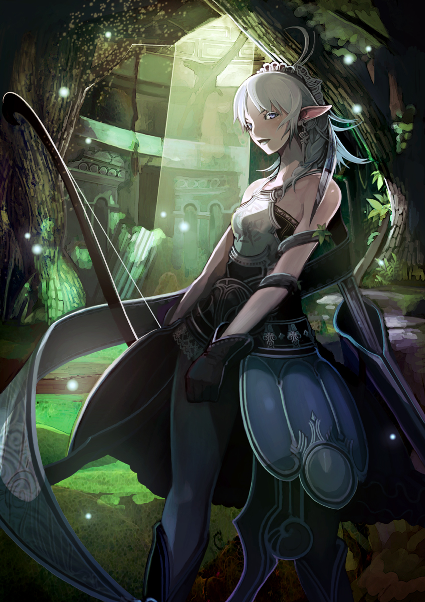 ahoge, armor, black_legwear, bow_(weapon), braid, elf, gloves, highres