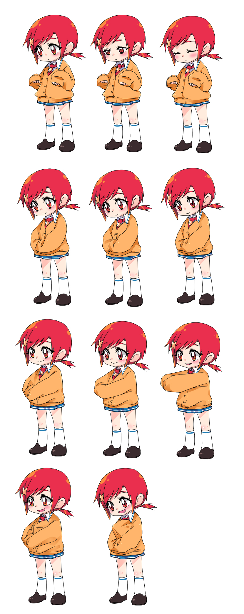absurdres, blush, chibi, hair_ornament, highres, hino_akane, long_hair, ponytail, precure, red_eyes, red_hair, redhead, school_uniform, short_hair, skirt, smile, smile_precure!, solo, sweater, third_arm, tima