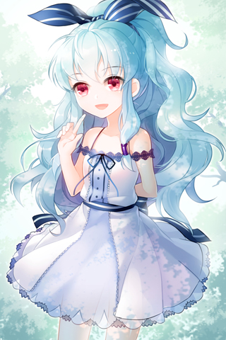 aile, aile_(crossroads), arm_behind_back, arm_up, bare_shoulders, blue_hair, bow, dress