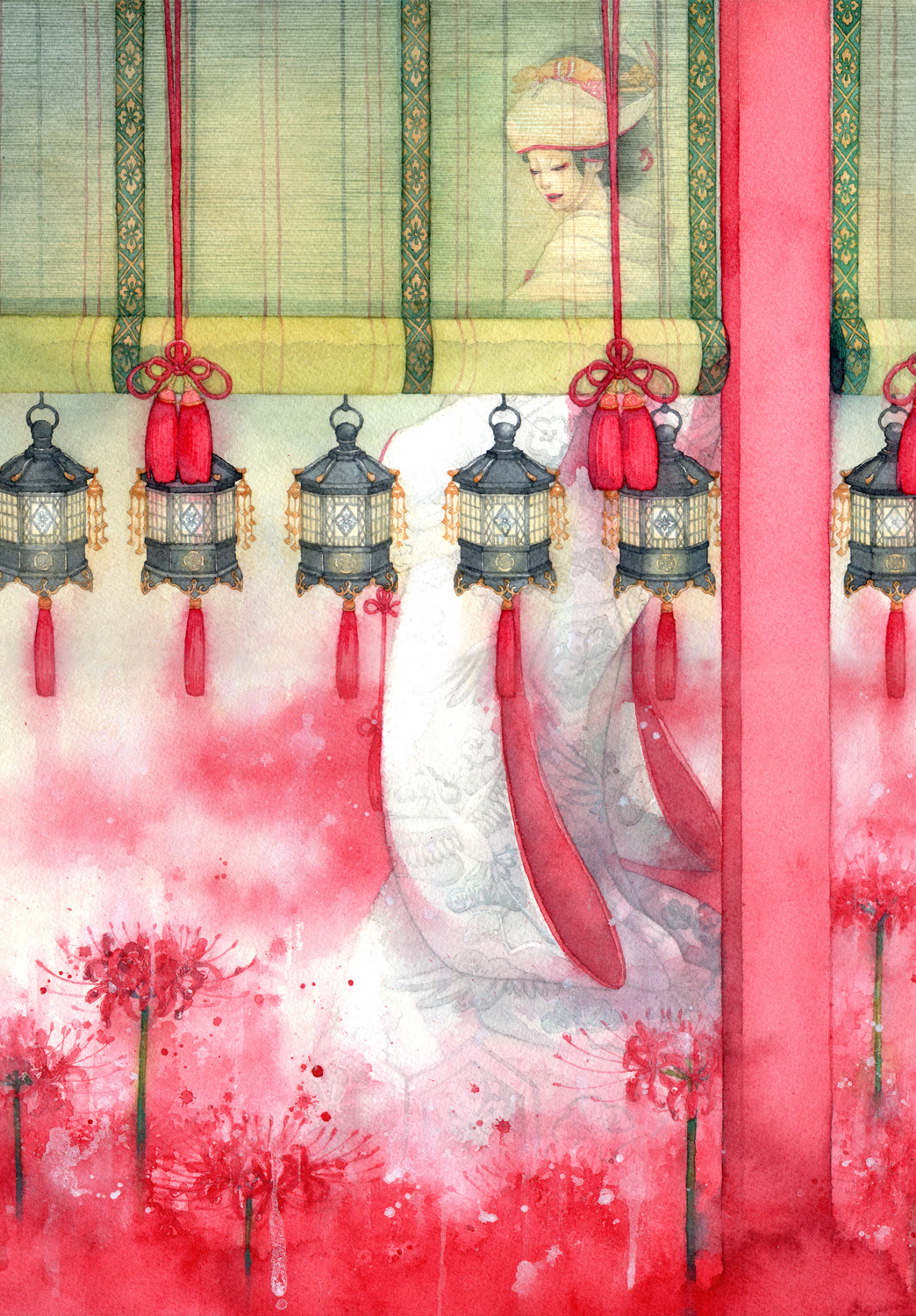 black_hair, flower, hat, highres, japanese_clothes, kimono, lantern, mask