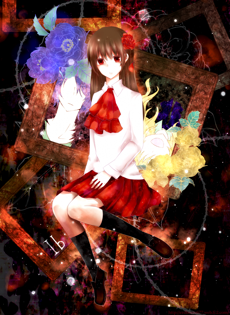 brown_hair, deruta, flower, garry_(ib), gary_(ib), ib, ib_(ib), long_hair, mary_(ib), painting_(object), red_eyes, rose, skirt, thorns