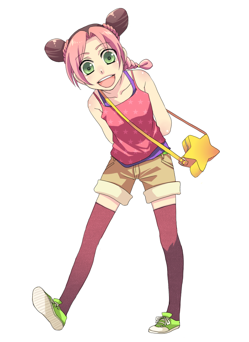 bag, braid, brown_hair, camisole, double_bun, green_eyes, hanaichi_(hana13), jojo_no_kimyou_na_bouken, kujo_jolyne, kuujou_jolyne, multicolored_hair, open_mouth, pink_hair, ponytail, shoes, shorts, shoulder_bag, star, thigh-highs, thighhighs, two-tone_hair, young