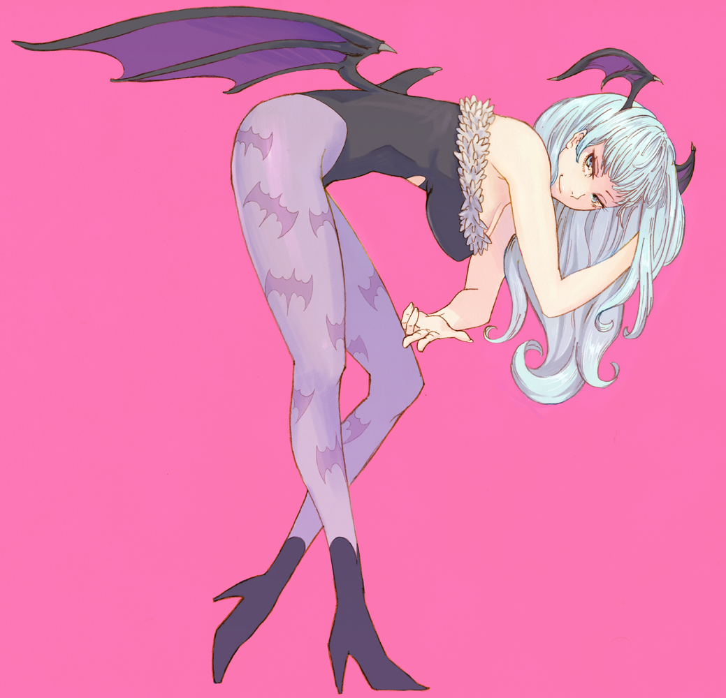 bare_shoulders, bat_print, bat_wings, bent_over, blue_hair, boots, breasts, demon_girl