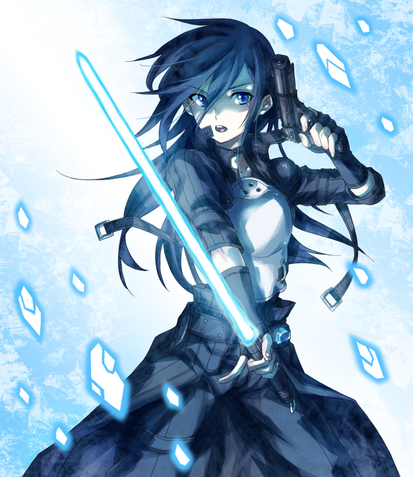 androgynous, armor, bad_id, black_hair, blue_eyes, dual_wielding, energy_sword, fingerless_gloves, gloves, highres, kirito, kirito_(sao-ggo), lightsaber, long_hair, machi_fuka, male, solo, sword, sword_art_online, trap, weapon