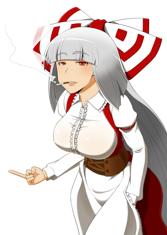 arm_garter, azuman, belt, bow, cigarette, dual_persona, eyebrows, fujiwara_no_mokou