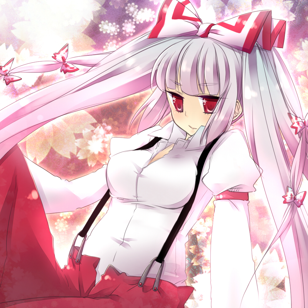 1girl, bad_id, bow, bowtie, breasts, eyebrows_visible_through_hair, fujiwara_no_mokou, hair_bow