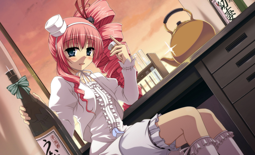 blue_eyes, chris_(kore_wa_zombie_desu_ka?), hat, highres, kore_wa_zombie_desu_ka?, long_hair, pink_hair, sake