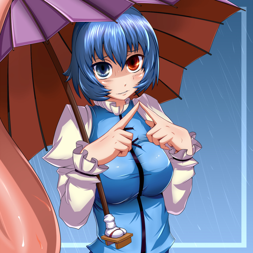 2radpersec, blue_eyes, blue_hair, breasts, bust, heterochromia, highres, karakasa_obake